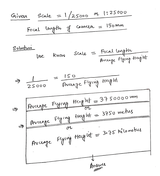 Given Scale = 125000 OR 1:25000 Focal length of camera = 150mm solution We know scale = Focal length Avceage Flying Height >