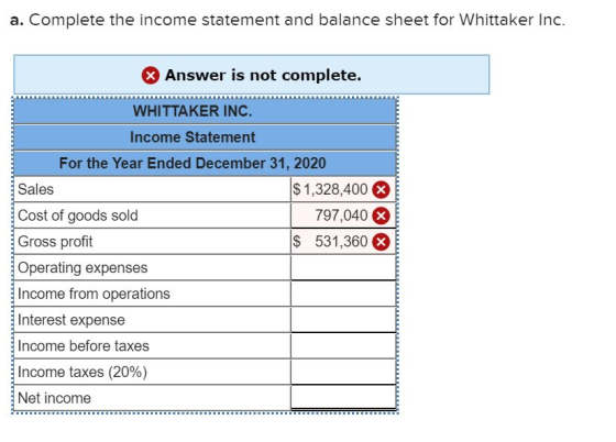 a. Complete the income statement and balance sheet for Whittaker Inc. Answer is not complete. WHITTAKER INC. Income Statement