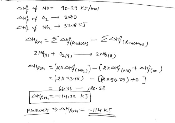 PH af No= 90.29 kJ/mol Auf af Oz → zero Shf of NO2 → 33.18 kJ Chem = E shfil products – Esmf Creactoard) 219 g) + O2(g) — 216