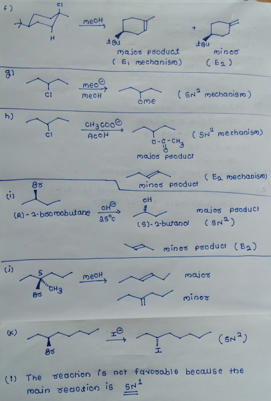 C) meoH н tgu minoo Majos pooduct (E, mechanism) CEa) meo CI ( SN mechanis m) meoH ome b) CH3 GOOe с1 mechanism AcoH C SN2 0-