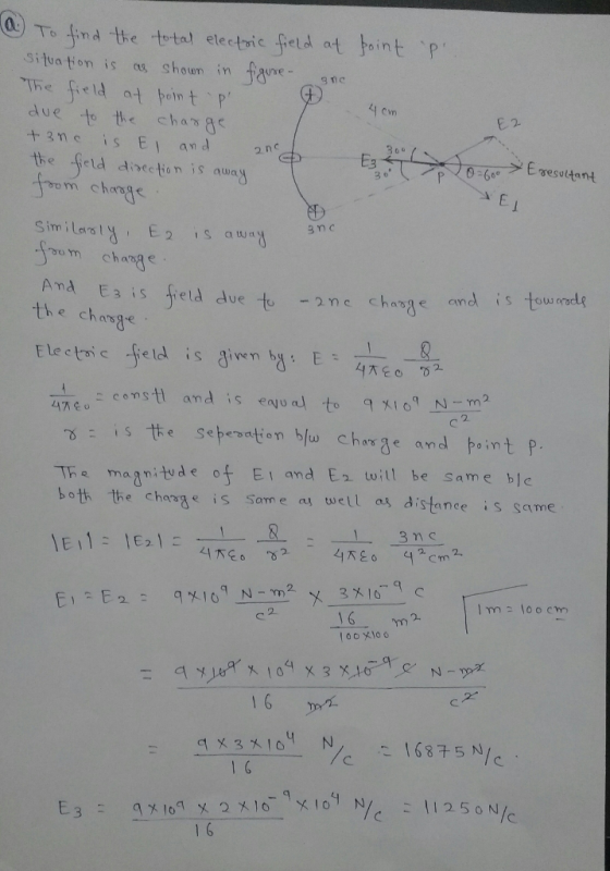 to tal elecic el situa tion is s shoun in e C m E 2 due to thc chasa 2 nc E3 76:66。 E resotant e feld disection is away om chasge 3 nc oom chasge c chang ond is towele Amd E3 is freld due to -nc charge an the cha and is eaju Th ma gitvde of EI and E witl be same ble both the chaage is Same a ell as distance is sqme Imalo o cm 2. 00 XIoo