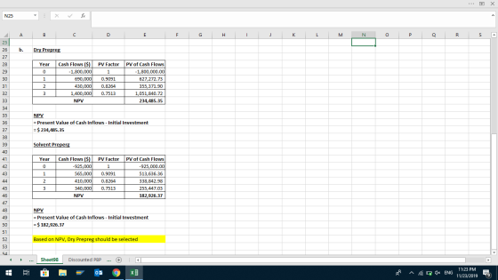 X X N25 В C D F G Н К L M O P Q R S 25 Dry Prepreg 26 27 Cash Flows ($) -1,800,000 690,000 430,000 1,400,000 PV of Cash Flows