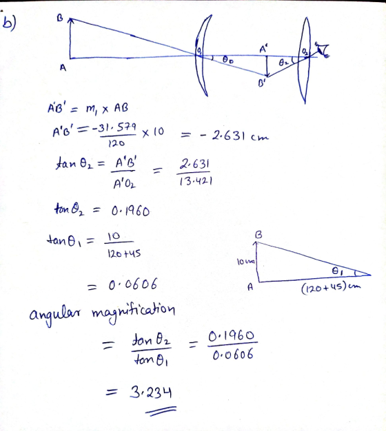 AB = M, X AB AB =-31.579 x 10 = - 2.631 cm 120 tan O2 = AB - - A02 tan. O₂ = 0.1960 2631 13:421 tano i = 10 120tus lova