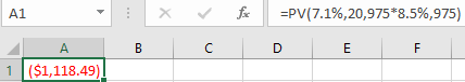 А1 X fc =PV(7.1%,20,975*8.5%,975) B C D 1 ($1,118.49)!
