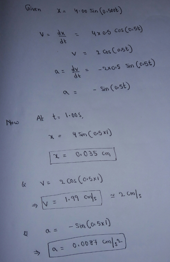 hiven 4.00 Sin (0.500t) X2 v-dx0 Cos Co.st) dt dk Sin (0.5t) No At t I.oos, > /v = 1.99 cm) a Sin (o. 5x)