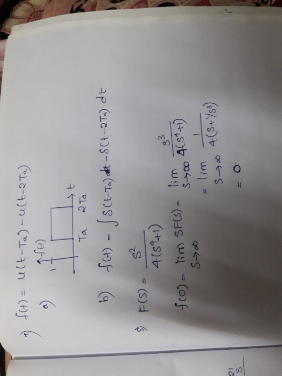 7 $(+) = ult-Ta) - ult-2 ta) fH) Ta 2 Ta b) f(t) = JSCE-Ta) at -8C7-27a) dt S² $) F(S) 33 4(8441) fco)= tim SF(s) lim A(St+1)