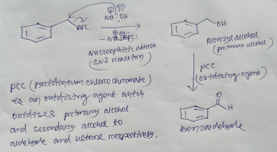 Na OH & Br TOH - NaBr Nucleophilic attam (SN 2 reaction ) Benzyl alcohol (pretmarcy cllcohol ) pcc Conadising agent) pec (pyr