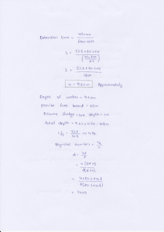 volu me flow vate 53.220.3XH Detenbion time 132.00 오녀 53 2 x 203 800 Depth of wates .93m provide vee board o m Assume sludgeb
