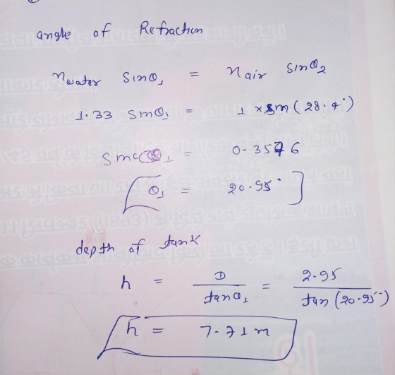 Refraction a angle of = S/5 G2 Nair Sino, noater 1.33 smo 1 x ( 28 ) veces smoco 0-3576 20.95 . Dor depth of tank h = tana, 2