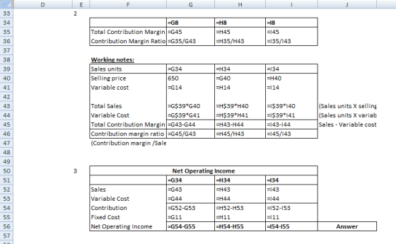 D E F G Н. 33 2 =H8 =18 34 35 =G8 Total Contribution Margin =G45 Contribution Margin Ratio =G35/643 =H45 =H35/H43 =145 =135/1