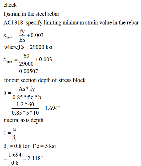 Elimit check 1)strain in the steel rebar ACI 318 specify limiting minimum strain value in the rebar fy +0.003 Es where Es = 2