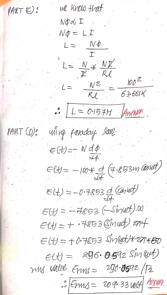 PAULT C): we know that NOX I. Nø= LI LENO Liike. Naim 1002 :12 Re 63:661K ... L= 0157 Arminer PART (D): wing Faraday low Elt)
