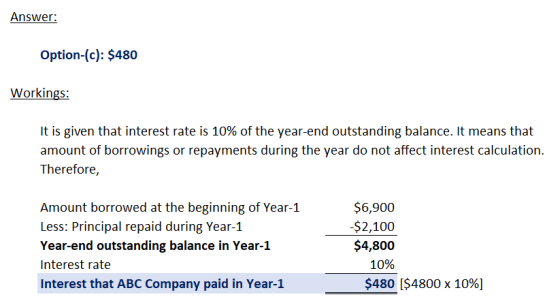 Answer: Option-(c): $480 Workings: It is given that interest rate is 10% of the year-end outstanding balance. It means that a