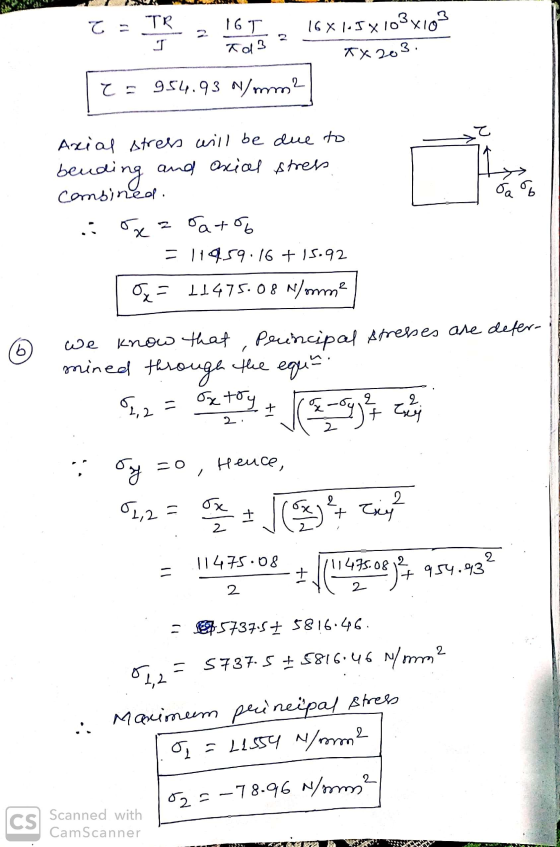 T = TR 1 16T 16x 1-5X103x103 제 TX 203 951.93 N/mm? N b dad Axial stress will be due to bending and oxical stress combined. ox