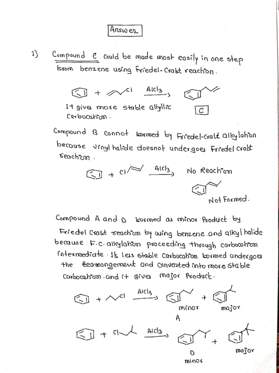 Answer I 1) Compound e could be made most easily in one step Issom benzene using Friedel-Crabt reach on © + wc Alclz, FOV It
