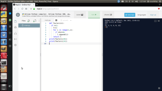 hp 1:27 AM 1 koushikhp Repl.it-Online Python Editor and IDE - Fast, Powerful, Free Opera RepLit-Online Pythc X replit/languag