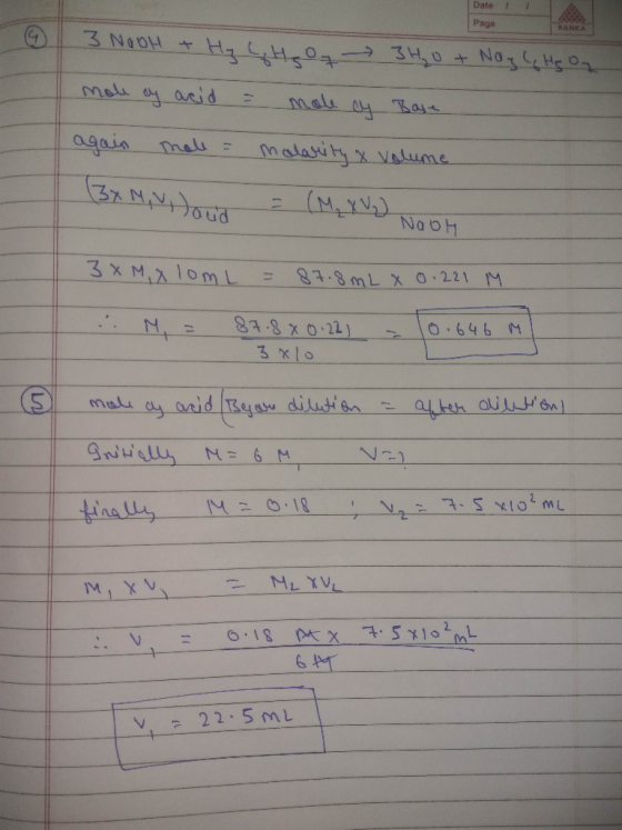 Date 11 Page 13 NOOH + H₂ CHO 3 H₂O + Noy l Hs Oy mole oy acid = mole cy Base again male = malarity & volume 13x NV and = (M₂