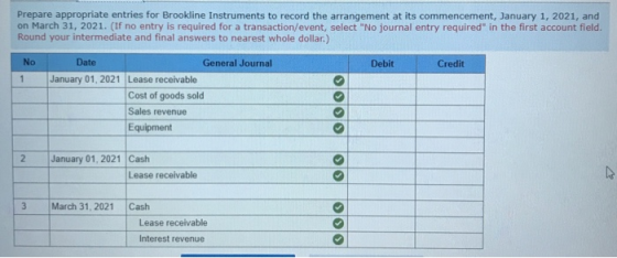 Prepare appropriate entries for Brookline Instruments to record the arrangement at its commencement, January 1, 2021, and on