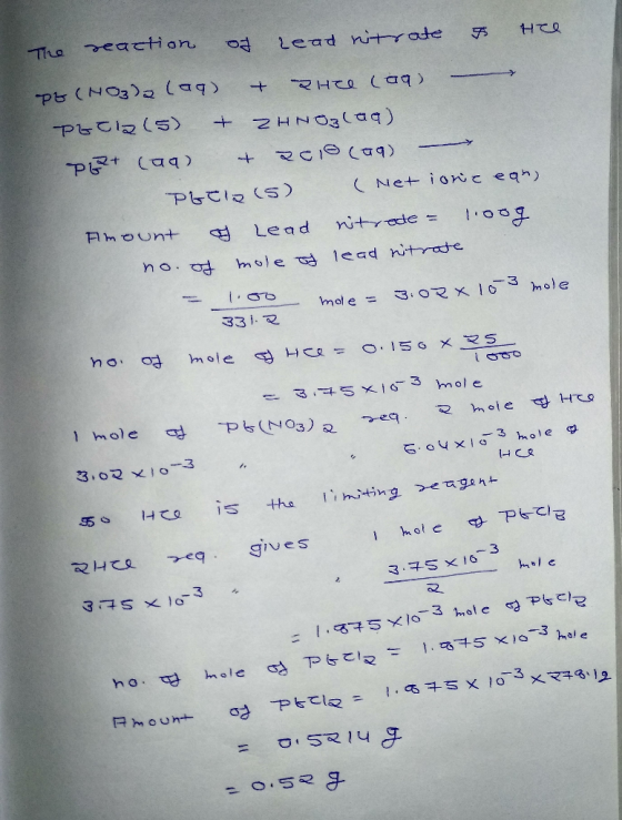 The reaction of read nitrate & tee PE (NO3)2 (aq) + Rute (aq) proiz(5) + ZHNO3(aq) PER+ (aq) + Rcio (09) - Pitiz(s) (Net ione