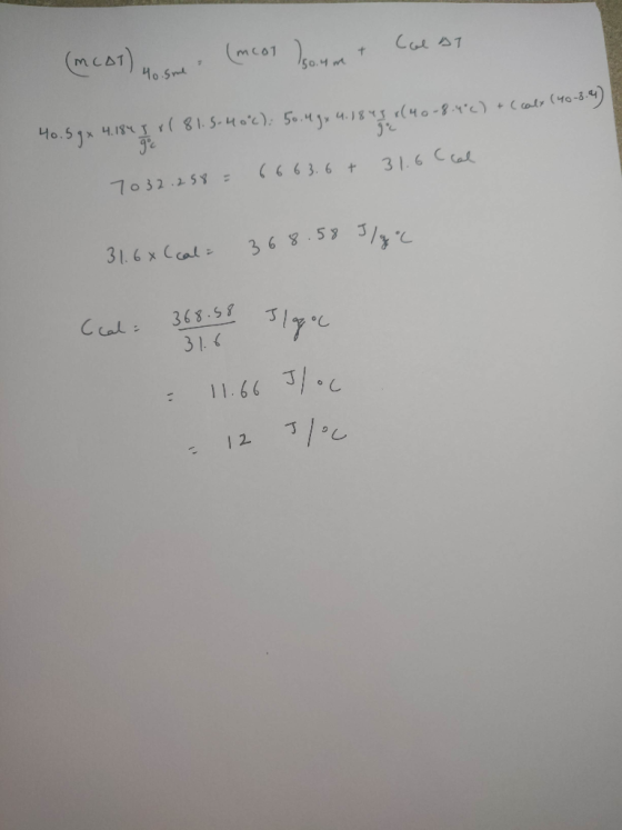 (mCAT) 4 sore (mest Igoumt Colat 40. 59 x 4.184 Ir ( 81.5-40°c): 50.49 x 4.18 45 (40-8.4°C) + ( calx (40-8.4) gº 7032.258 = 6