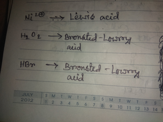 Ni 20 y Lewis acid H₂O2 Bronsted - Lowrry acid HBr Broonsted - Lowroy acid JULY 2012 IS M 1 2 T 3 W 4 T 5 F 6 S 7 S 8 M 9 T 1