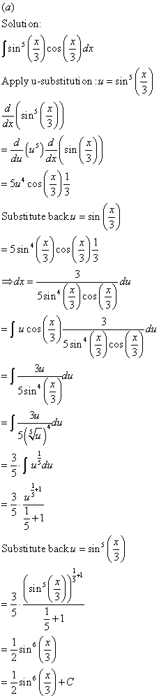 Solution [sin ()cos (1) ár Apply u-substitution u = sin (1) sin = 5ucos Substitute backu = sin (૬) - Sa () (5) s=9-0 dx= 3