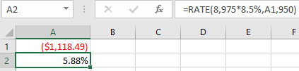 | A2 X foc =RATE(8,975*8.5%,A1,950) B C D E F ($1,118.49) 5.88%