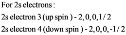 For 2s electrons :
2s electron 3 (up spin ) -2,0,0,1/2
2s electron 4 (down spin ) 2,0,0,-1/2