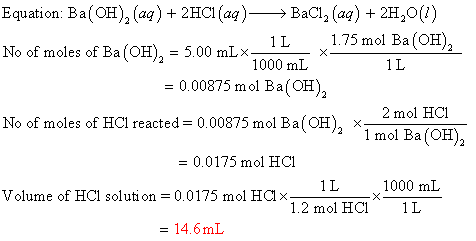 Equation: Ba(OH), (aq) + 2HCl(aq) →→ BaCl, (aq) + 2H,0(1) 1L 1.75 mol Ba(OH), No of moles of Ba(OH), = 5.00 mLx 3.0 ML 1000 m