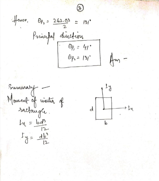 2 Op2 - 262.03 : 131° 2 Hence, Pornepal direction op, = 41 6P2 = 131 fm- Summary ty Moment of werlia ractangle of d → Lx In =