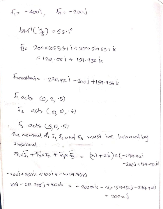 t = - 4001, 12 = -20oj tant (43) = 53.10 53200x105 53.11+200xsin 53.1 k =120.08 it 159.936 K. dresultant = - 279.92 i-200j +