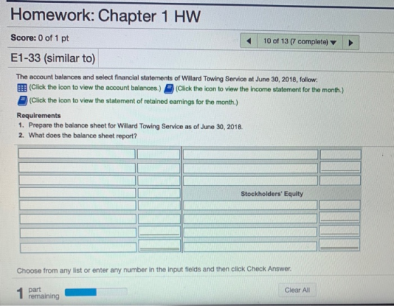 Homework: Chapter 1 HW Score: 0 of 1 pt + 10 of 13 (7 complete) E1-33 (similar to) The account balances and select financial