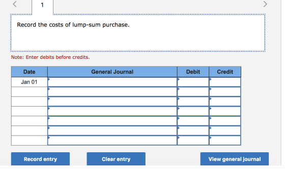 Record the costs of lump-sum purchase. Note: Enter debits before credits. General Journal Debit Credit Date Jan 01 Record ent
