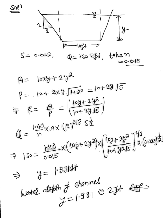SOL? aw S=0.002, k loft → Q= 160 Cfs taken =0.015 A= loxy+242 P=.10+ 2x4 J1722 = 10+24 15 # Re B = (y2 + y ) Lioty2F / *(0.00