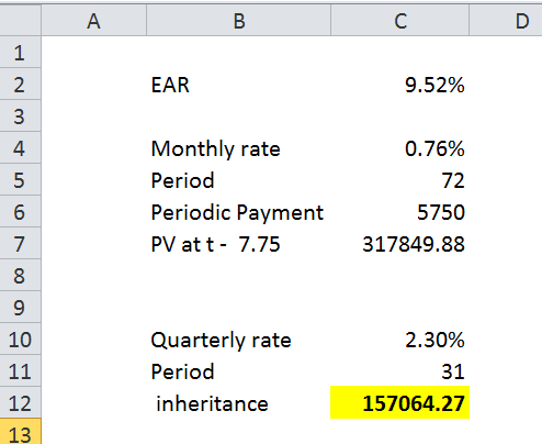 C D EAR 9.52% Monthly rate Period Periodic Payment PV at t - 7.75 0.76% 72 5750 317849.88 5 9 2.30% 10 11 Quarterly rate Peri