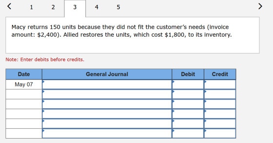 < 1 2 4 5 Macy returns 150 units because they did not fit the customers needs (invoice amount: $2,400). Allied restores the
