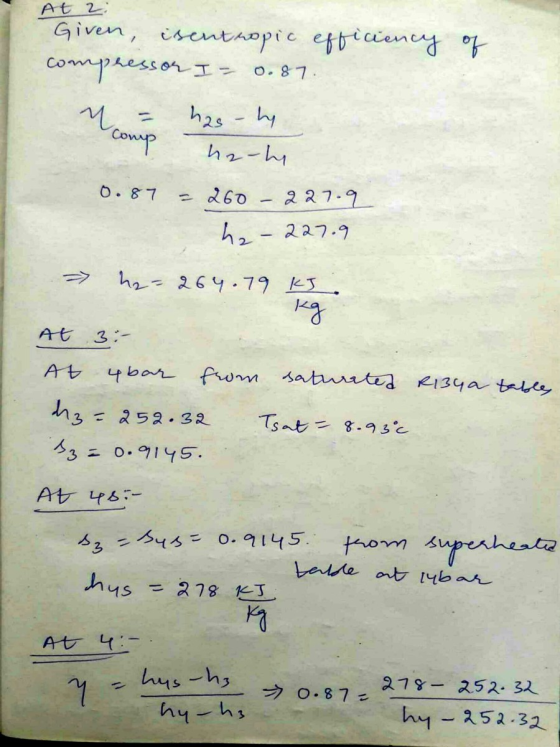 At 2 0.87 Given, isentropic efficiency of compressor I has-hy hathi Moon comp 0.87 - 260 - 227.9 h2-227.9 h2=264.79 KJ kg AT