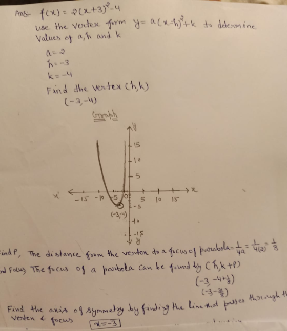 Ans: f(x) = 2(x+3) ²-4 use the verter form Values of a h and k y= a (x-htk to determine h = -3 k=-4 Find the verter Ch,k) (-3