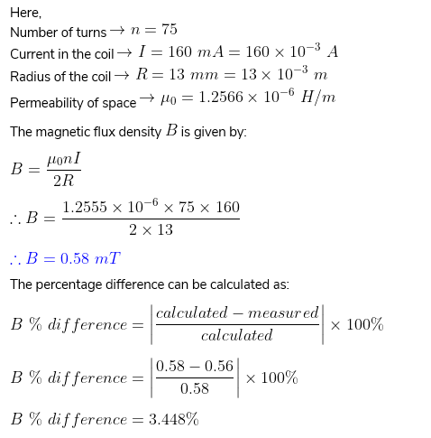 m = Here, Number of turns →n=75 Current in the coil + 1 = 160 mA = 160 x 10-3 A Radius of the coil R= 13 mm = 13 x 10-3 Perme