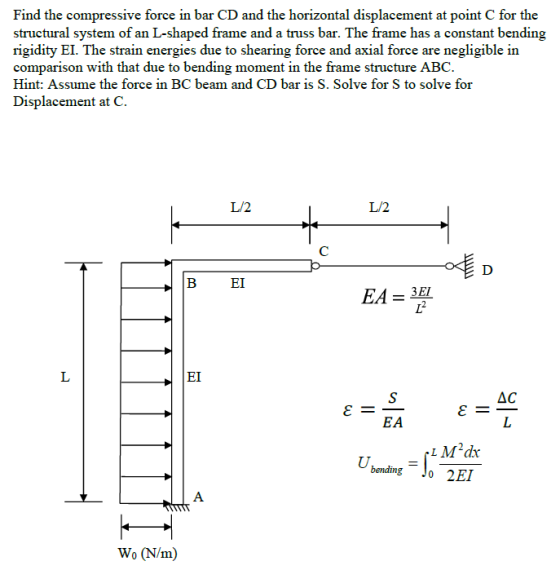 Find the compressive force in bar CD and the horizontal displacement at point C for the structural system of an L-shaped fram