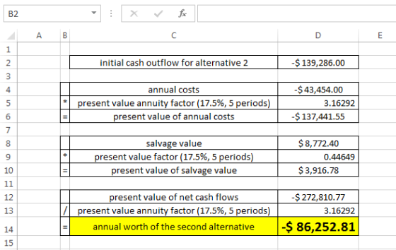fix В2 A В C D E 1 -$139,286.00 initial cash outflow for alternative 2 2 3 -$43,454.00 annual costs 4 present value annuity f