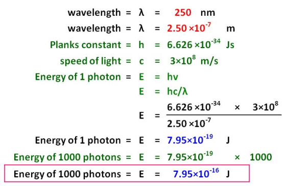 wavelength = 1 = 250 nm wavelength = 1 = 2.50 x10 m Planks constant = h = 6.626 *10-34 Js speed of light = c = 3x108 m/s Ener