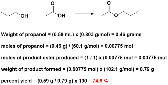 OH OH Weight of propanol (0.58 mL) x (0.803 g/mol) 0.46 grams moles of propanol (0.46 g) (60.1 g/mol) 0.00775 mol moles of pr