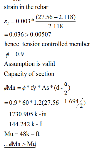 &= 0.003 * strain in the rebar (27.56 -2.118) 2.118 = 0.036 >0.00507 hence tension controlled member $=0.9 Assumption is vali