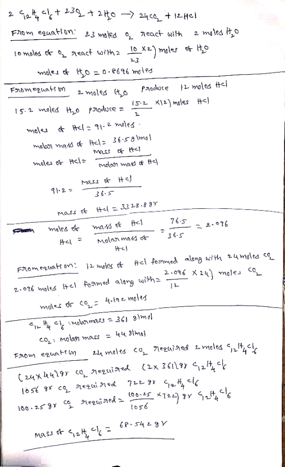 2 42 44 cl +232 +240 -> 2460 + 12 Hal From equation. 23 moles o react with a moles it lo moles of of react with = 10 x2) mole