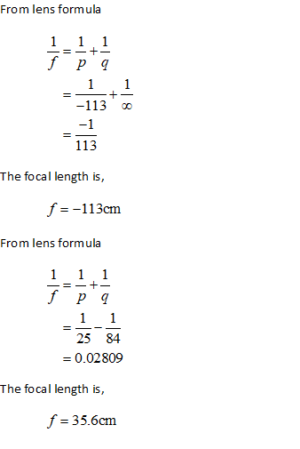 From lens formula 1 1 1 -=-+- fp 9 1 1 + -113 -1 113 = The focal length is, f =-113cm From lens formula 1 1 1 -=-+- f Pq 1 25