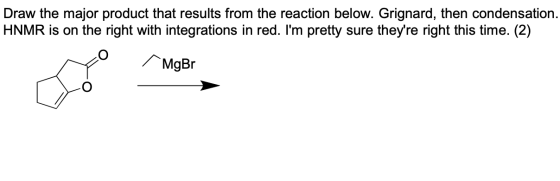 Draw the major product that results from the reaction below. Grignard, then condensation. HNMR is on the right with integrati