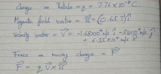 change Pastice =, - 776 x 10-8C Magnetic field vector = B = (0.657)? Velocity vector W = - 1.68x10 m/s ? - 31x10 m/s + 6.35x1