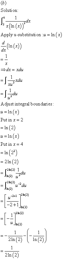 Solution: : 1 x(In Apply u-substitution :u = = In(x) d (ln(x)) 1 x dx= xdu LE =fh Adjust integral boundaries: u=1n(x) Put in