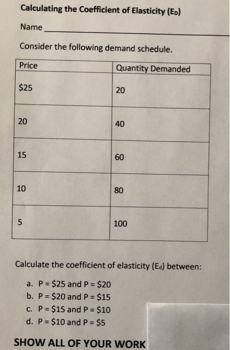 Calculating the Coefficient of Elasticity (ED) Name Consider the following demand schedule. Price Quantity Demanded $25 100 C